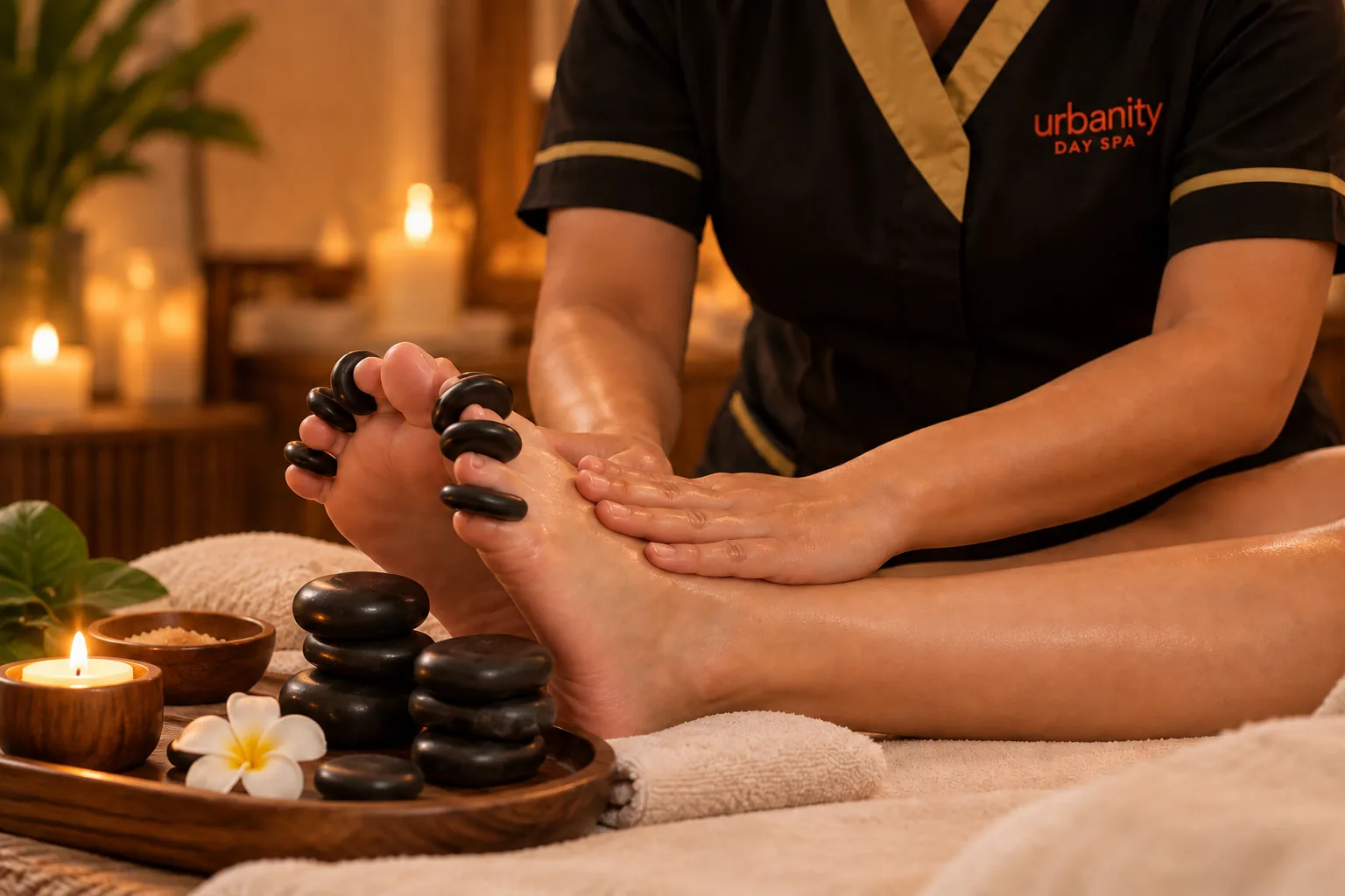 Warm stone foot massage ritual at Urbanity Spa